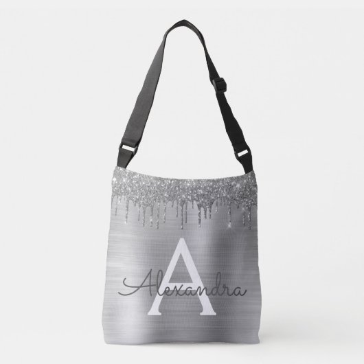 Silver Glitter Brushed Metal Monogram Name Tragetaschen Mit Langen Trägern (Vorderseite)