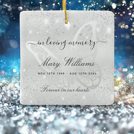 Silver glitter butterfly memorial keramikornament
