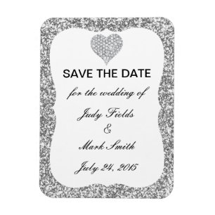 Silver Glitter Diamond Heart Save The Date Magnet