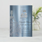 Silver Glitter Dress, Diamonds Blue 65th Birthday Einladung (Stehend Vorderseite)