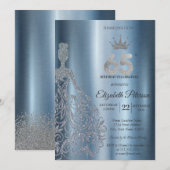 Silver Glitter Dress, Diamonds Blue 65th Birthday Einladung (Vorne/Hinten)