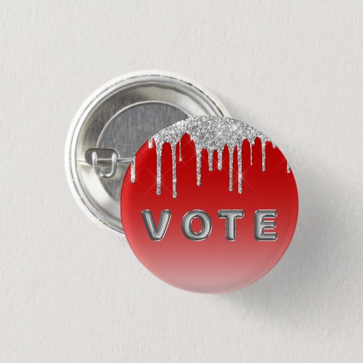 Silver Glitter Drip Red Background Vote Button (Vorne & Hinten)