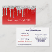 Silver Glitter Drip Red Background Vote Reminder Visitenkarte (Vorne/Hinten)