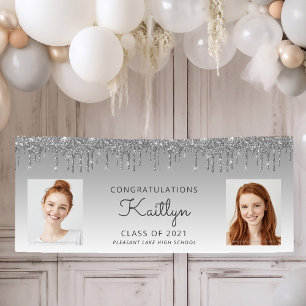 Silver Glitter Drip Two Photo Graduation Banner