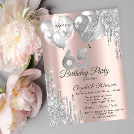 Silver Glitter Drips Balloons 65th Birthday Einladung