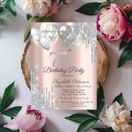 Silver Glitter Drips Balloons 75th Birthday Einladung