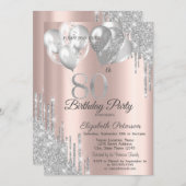 Silver Glitter Drips Balloons 80th Birthday  Einladung (Vorne/Hinten)