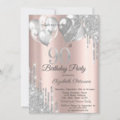 Silver Glitter Drips Balloons 90th Birthday Einladung (Vorderseite)
