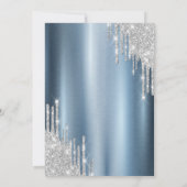 Silver Glitter Drips Balloons Blue Metallic 70th Einladung (Rückseite)