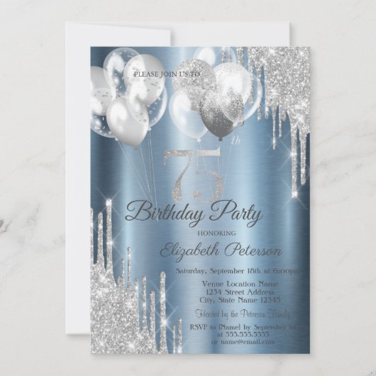 Silver Glitter Drips Balloons Blue Metallic 75th Einladung (Vorderseite)