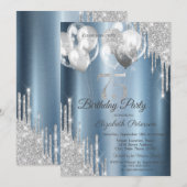 Silver Glitter Drips Balloons Blue Metallic 75th Einladung (Vorne/Hinten)