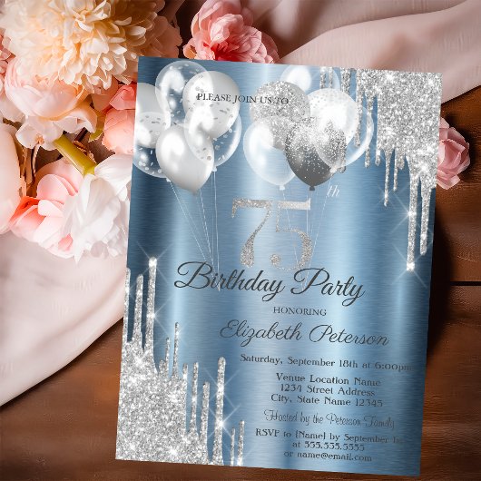 Silver Glitter Drips Balloons Blue Metallic 75th  Einladung