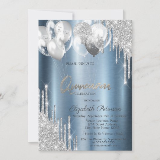 Silver Glitter Drips Balloons Blue Quinceanera Einladung (Vorderseite)