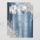Silver Glitter Drips Balloons Blue Quinceanera Einladung (Vorne/Hinten)