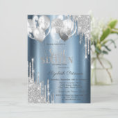 Silver Glitter Drips Balloons Blue Sweet 16 Einladung (Stehend Vorderseite)
