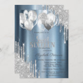 Silver Glitter Drips Balloons Blue Sweet 16 Einladung (Vorne/Hinten)
