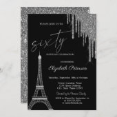 Silver Glitter Drips, Eiffel Tower 60t Birthday Einladung (Vorne/Hinten)