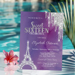 Silver Glitter Drips Eiffel Tower Violet Sweet 16  Einladung<br><div class="desc">A modern,  chic,  and glamorous Sweet 16 with glitter drips and diamonds Eiffel Tower on a violet background.</div>