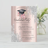 Silver Glitter Drips Floral Grad Cap Rose Gold Einladung (Stehend Vorderseite)