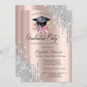 Silver Glitter Drips Floral Grad Cap Rose Gold Einladung (Vorne/Hinten)
