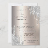 Silver Glitter Drips Ivory Metallic Bat Mitzvah Einladung (Vorderseite)