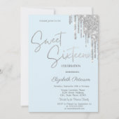 Silver Glitter Drips Light Blue Simple Sweet 16 Einladung (Vorderseite)