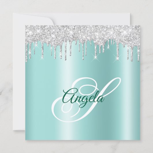 Silver Glitter Drips Light Teal Ombre Drop Shadow Einladung (Rückseite)