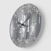 Silver Glitter Drips Monogram Personalized Große Wanduhr (Winkel)