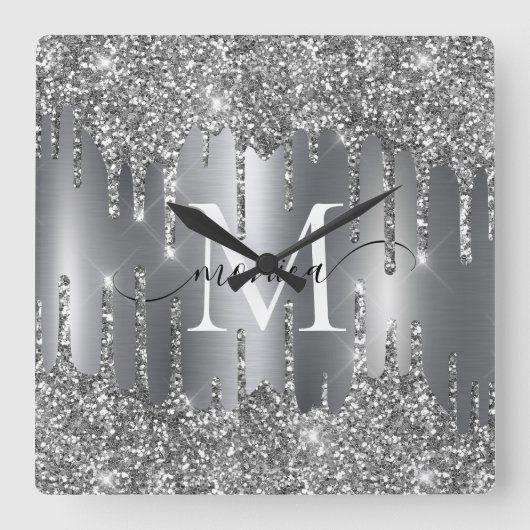 Silver Glitter Drips Monogram Personalized Quadratische Wanduhr (Vorderseite)