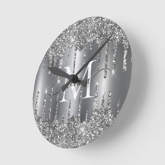 Silver Glitter Drips Monogram Personalized Wall Runde Wanduhr (Winkel)