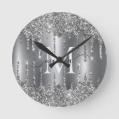 Silver Glitter Drips Monogram Personalized Wall Runde Wanduhr (Vorderseite)