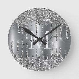 Silver Glitter Drips Monogram Personalized Wall Runde Wanduhr