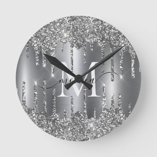 Silver Glitter Drips Monogram Personalized Wall Runde Wanduhr (Vorderseite)