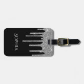 Silver Glitter Drips, Name & Info on Black Gepäckanhänger (Vorderseite horizontal)