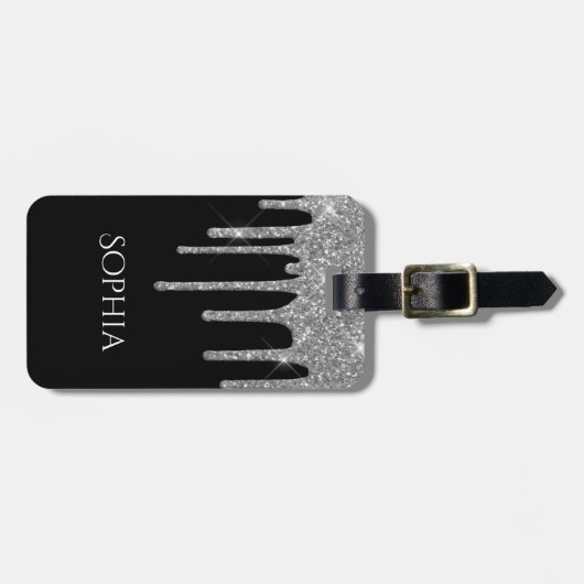 Silver Glitter Drips, Name & Info on Black Gepäckanhänger (Vorderseite horizontal)
