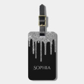 Silver Glitter Drips, Name & Info on Black Gepäckanhänger (Vorderseite vertikal)