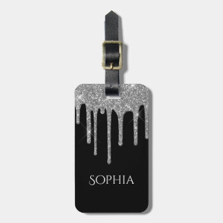 Silver Glitter Drips, Name & Info on Black Gepäckanhänger