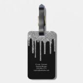 Silver Glitter Drips, Name & Info on Black Gepäckanhänger (Rückseite vertikal)