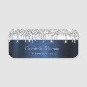 Silver Glitter Drips Navy Blue Namensschild (Vorderseite)