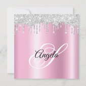 Silver Glitter Drips Pink Shimmer Drop Shadow Einladung (Rückseite)