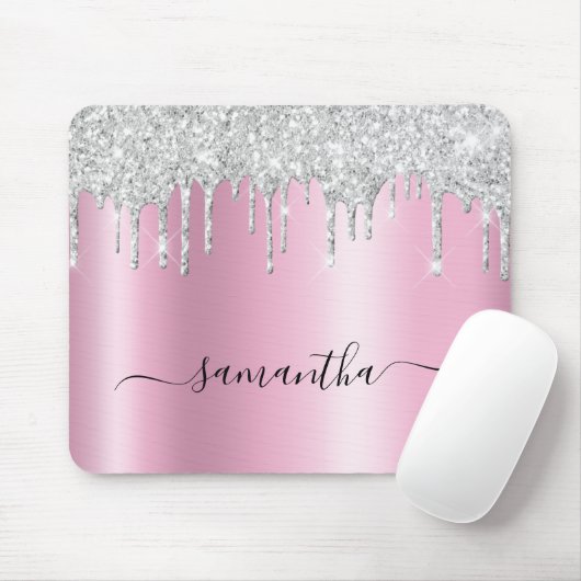 Silver Glitter Drips Pink Shimmer Mousepad (Mit Mouse)