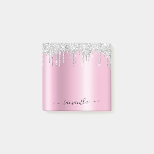 Silver Glitter Drips Pink Shimmer Post-it Klebezettel (Vorderseite)