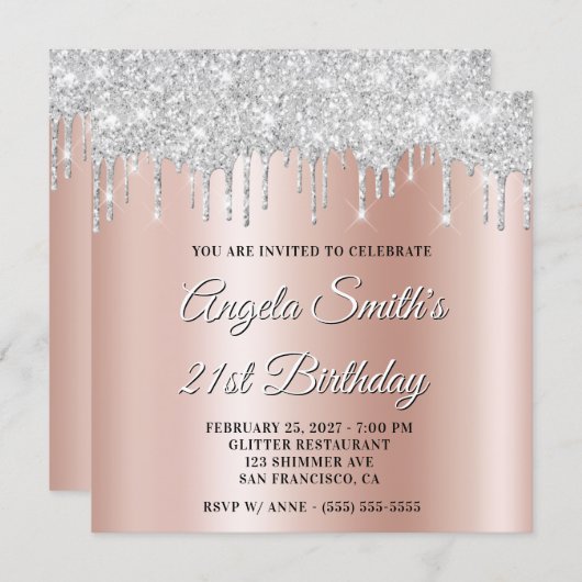 Silver Glitter Drips Rose Gold Ombre Drop Shadow Einladung (Vorne/Hinten)