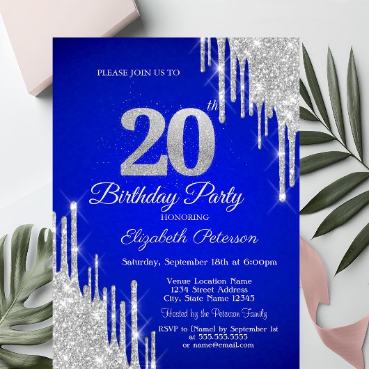 Silver Glitter Drips Royal Blue 20th Birthday Einladung