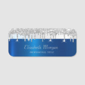 Silver Glitter Drips Stripe Blue Metallic Namensschild (Vorderseite)