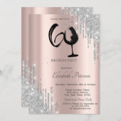 Silver Glitter Drips Wine Glass Rose Gold 60th Einladung (Vorne/Hinten)