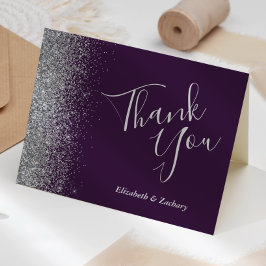 Silver Glitter Edge Purple Wedding Thank You Karte