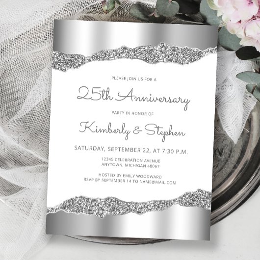 Silver Glitter Foil Edge 25th Anniversary Invite Postkarte