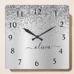 Silver Glitter Glam Metal Monogram Quadratische Wanduhr<br><div class="desc">Silver Foil Metallic Sparkle Glitter Brushed Metal Monogram Name Clock. This makes the perfect sweet 16 birthday,  wedding,  bridal shower,  anniversary,  baby shower or bachelorette party gift for someone that loves glam luxury and chic styles.</div>