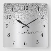 Silver Glitter Glam Metal Monogram Quadratische Wanduhr (Vorderseite)